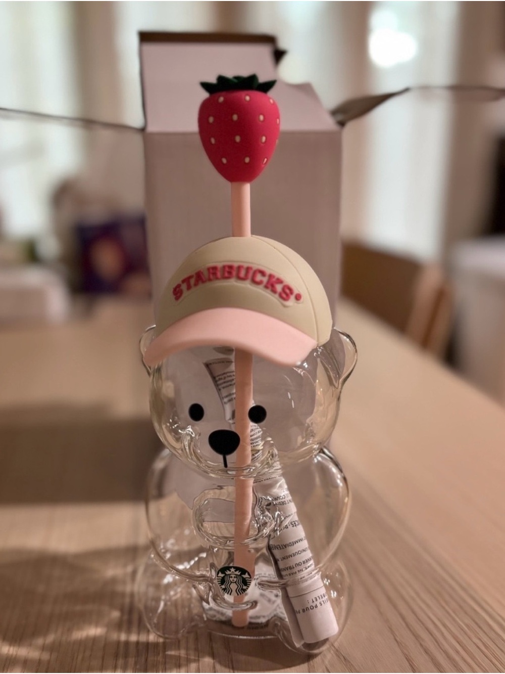 Starbucks Clear Bear Tumbler with Pink Strawberry Topper and Pink Straw - Picture 2 of 3